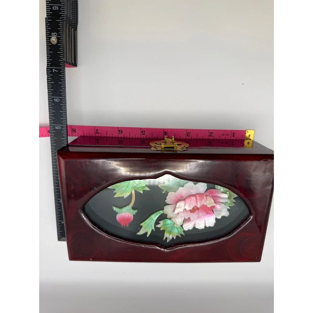 Vintage Chinese Lacquer Jewelry Box Floral Soapstone Inlay Burgundy Brass Latch